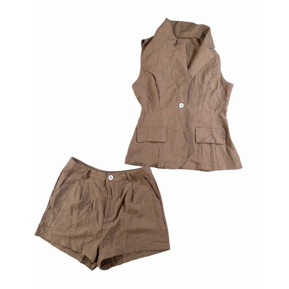 SHEIN Women's 2pc Woven Vest & Shorts Set Sleeveless Brown M